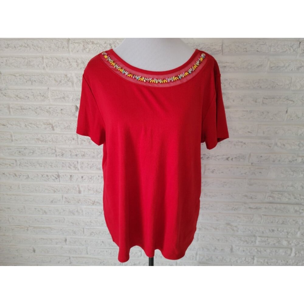 Rafaella Red Top 2XL Plus Cotton Knit Beaded Boat Neck Short Sleeve RED31E